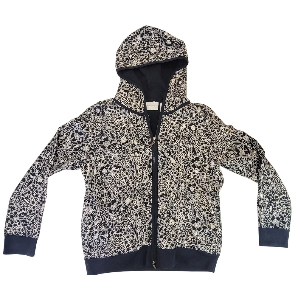 Liz‎ Claiborne Petite Zip Up Hoodie Black White Floral Print Jacket Womens Small